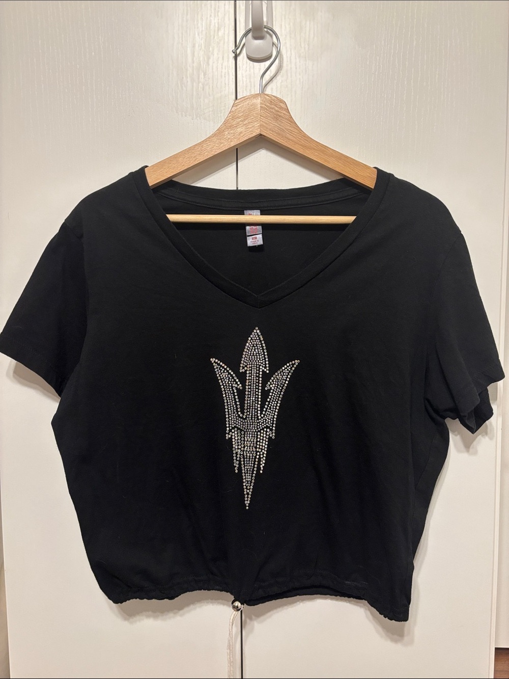 Cropped V-Neck Rhinestone ASU Top - L